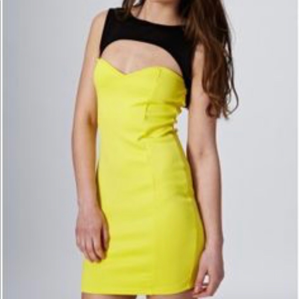 neon yellow contrast panel cut dress, NWT.